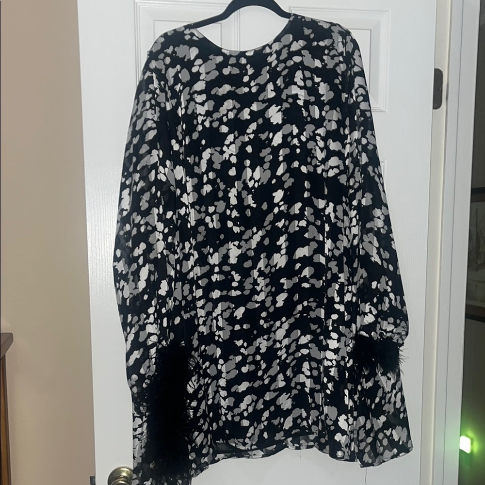 Black and White Patterned Dress with Feather Cuffs